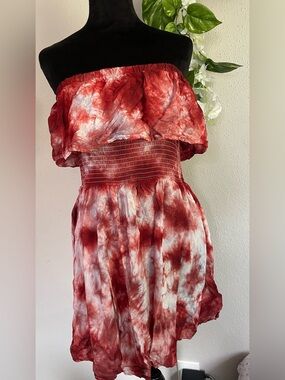 Forever 21 Vestido Tie Dye Rojo Off Shoulder Smocked Boho Talla L